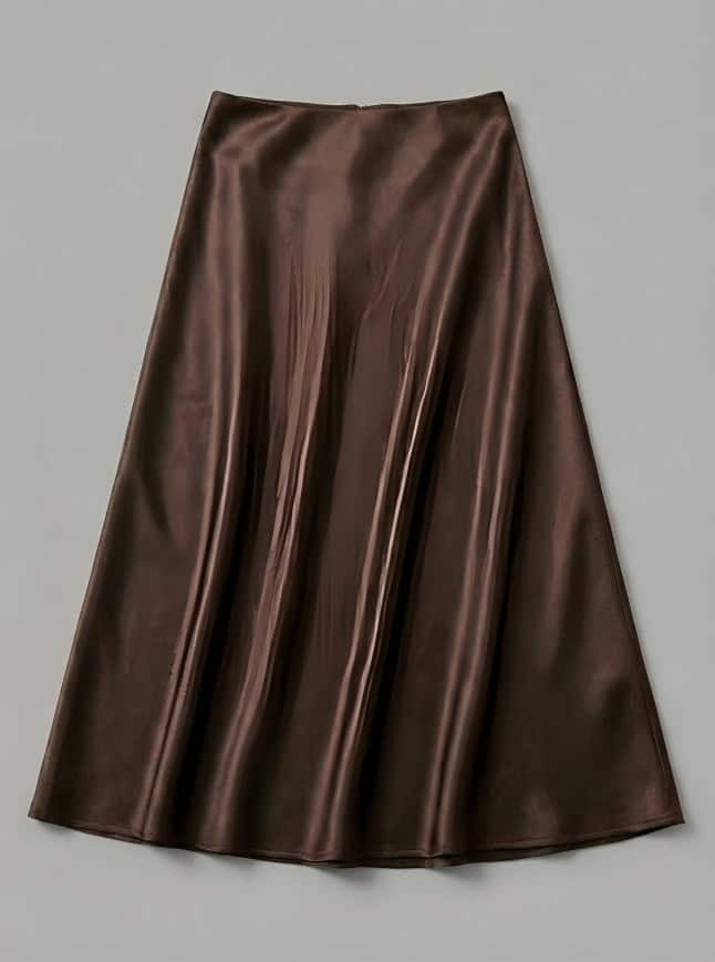 Flat lay of fluid satin midi skirt on neutral background